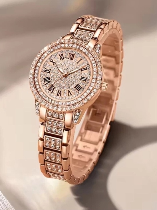 Accessories - Women's Sparkling Rose Golden Adorned Quartz Watch with Roman Numeral Dial